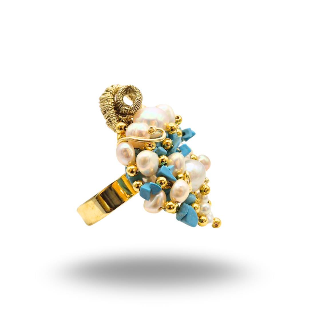 Anello a grappolo in Argento 925 dorato con con Turchese e Perle. Misura regolabile