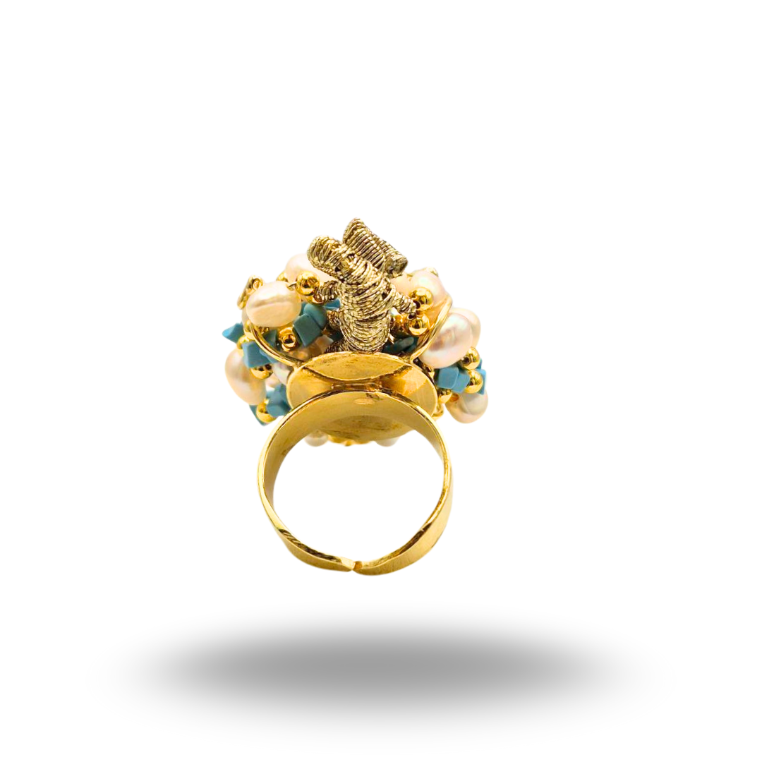 Anello a grappolo in Argento 925 dorato con con Turchese e Perle. Misura regolabile