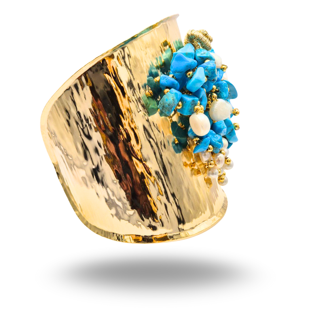 Bracciale a grappolo in Bronzo dorato con Turchese e Perle. Misura grande