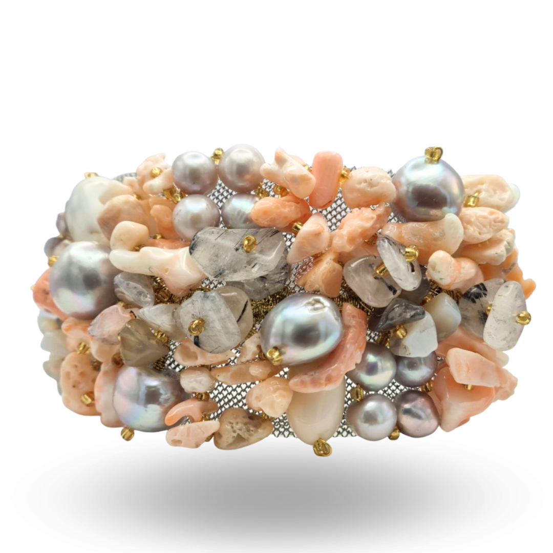 Bracciale in Acciaio con Corallo rosa Perle grigie Quarzi e