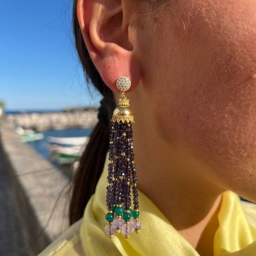 Orecchini Linea Mala in Argento 925 dorato con ciuffi in Ametista, Quarzi e Giada