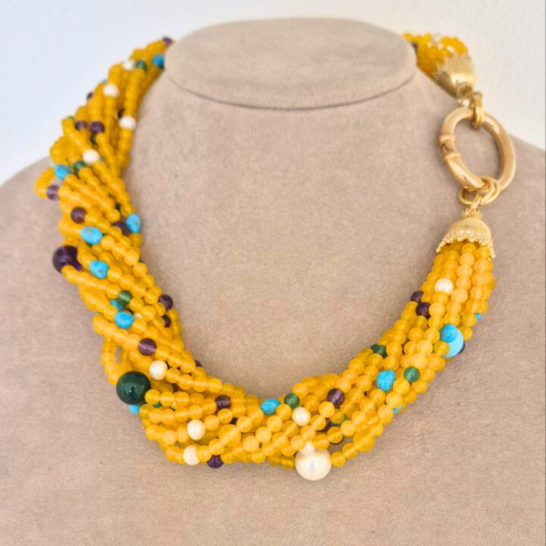 Collana a 12 fili in Agata gialla, Giada, Quarzo Ametista, Perle e sassi di Turchese naturale, chiusura in Argento 925 dorato