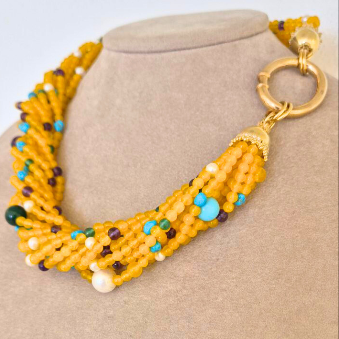 Collana a 12 fili in Agata gialla, Giada, Quarzo Ametista, Perle e sassi di Turchese naturale, chiusura in Argento 925 dorato