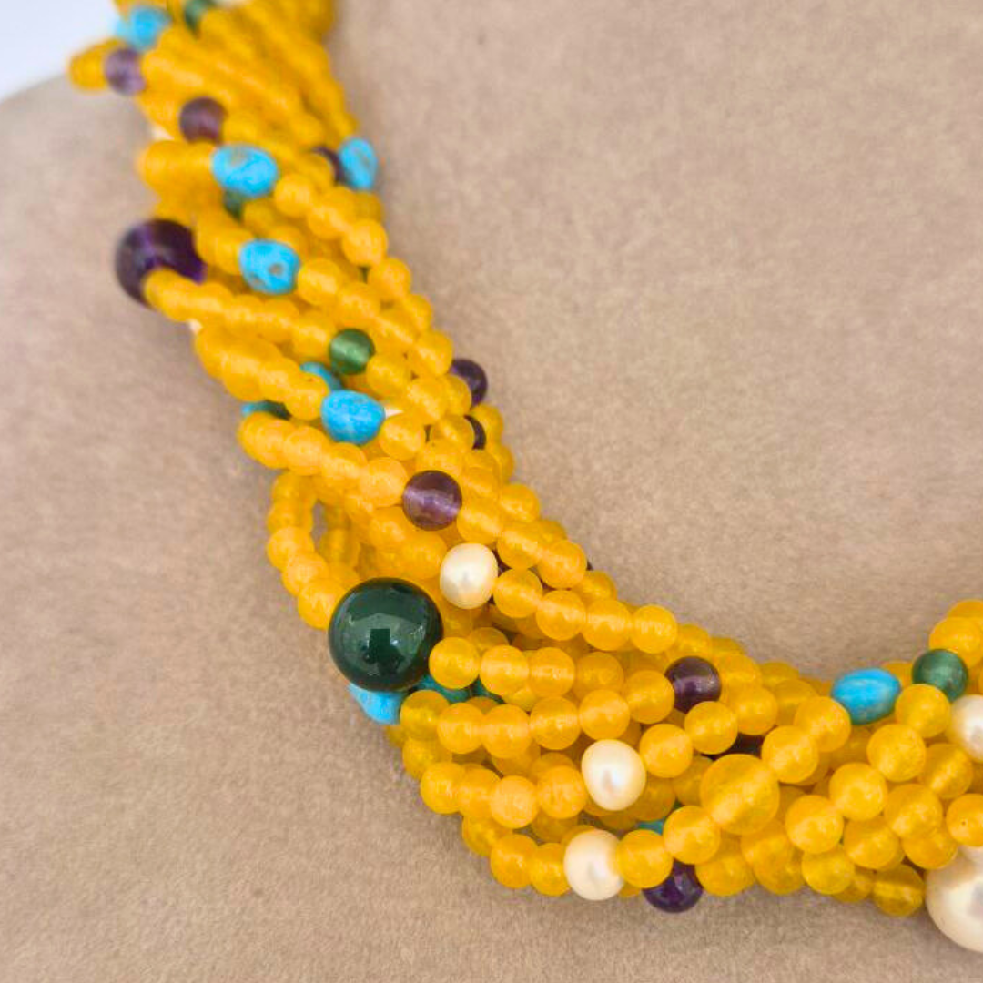 Collana a 12 fili in Agata gialla, Giada, Quarzo Ametista, Perle e sassi di Turchese naturale, chiusura in Argento 925 dorato