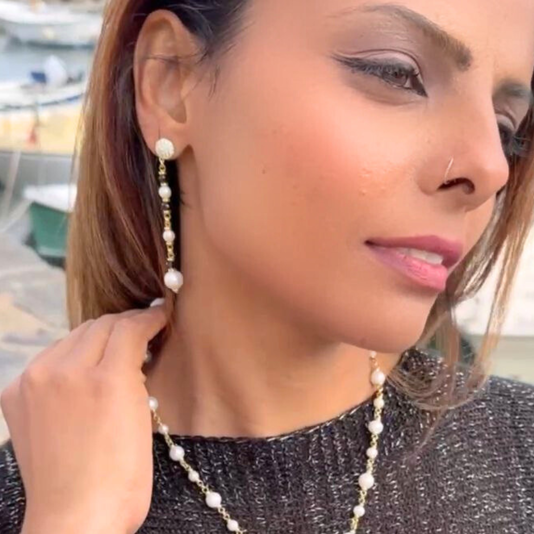 Orecchini in Argento 925 dorato pendenti con Perle e Spinelli neri