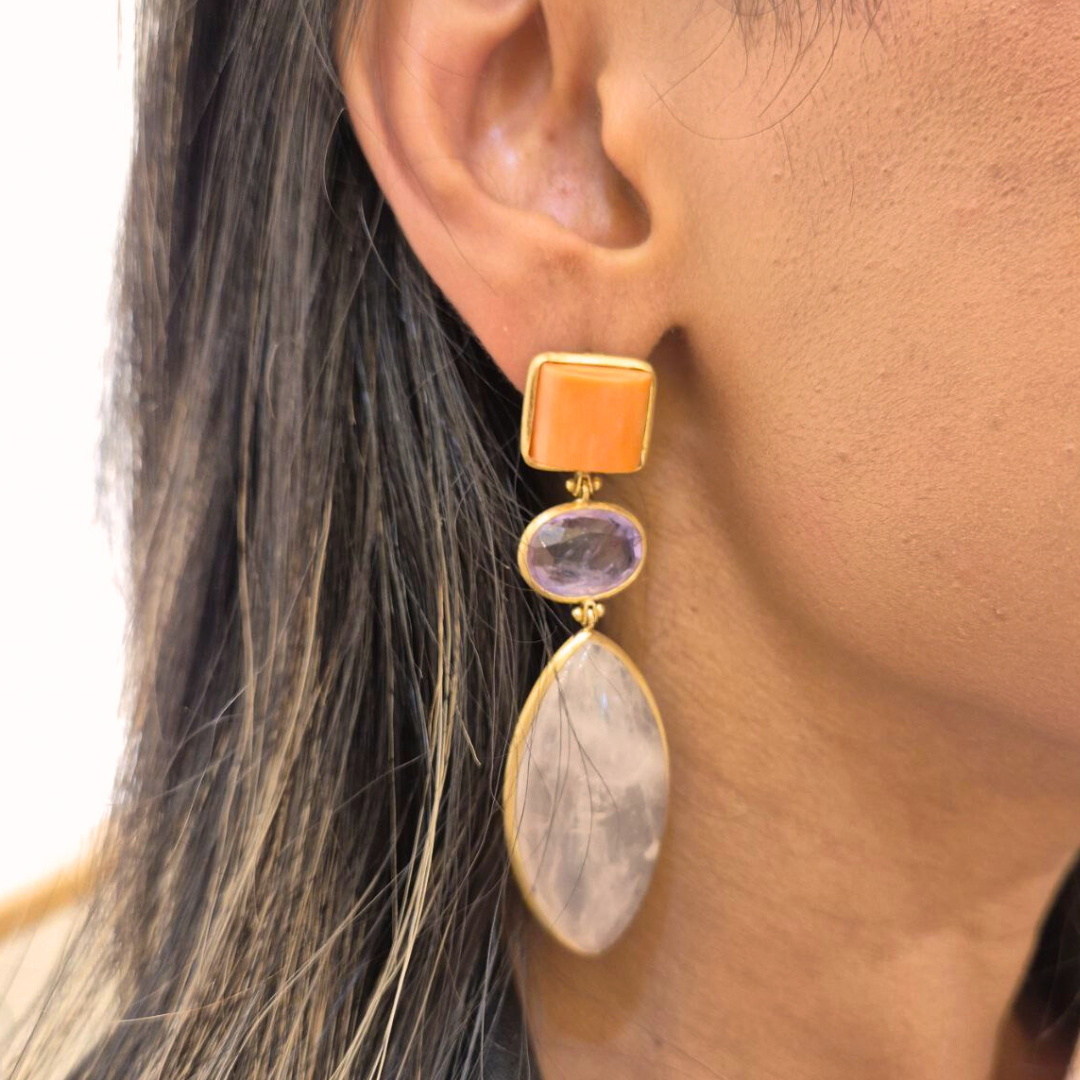 Orecchini in Argento 925 dorato con Corallo, Quarzo rosa e Ametista