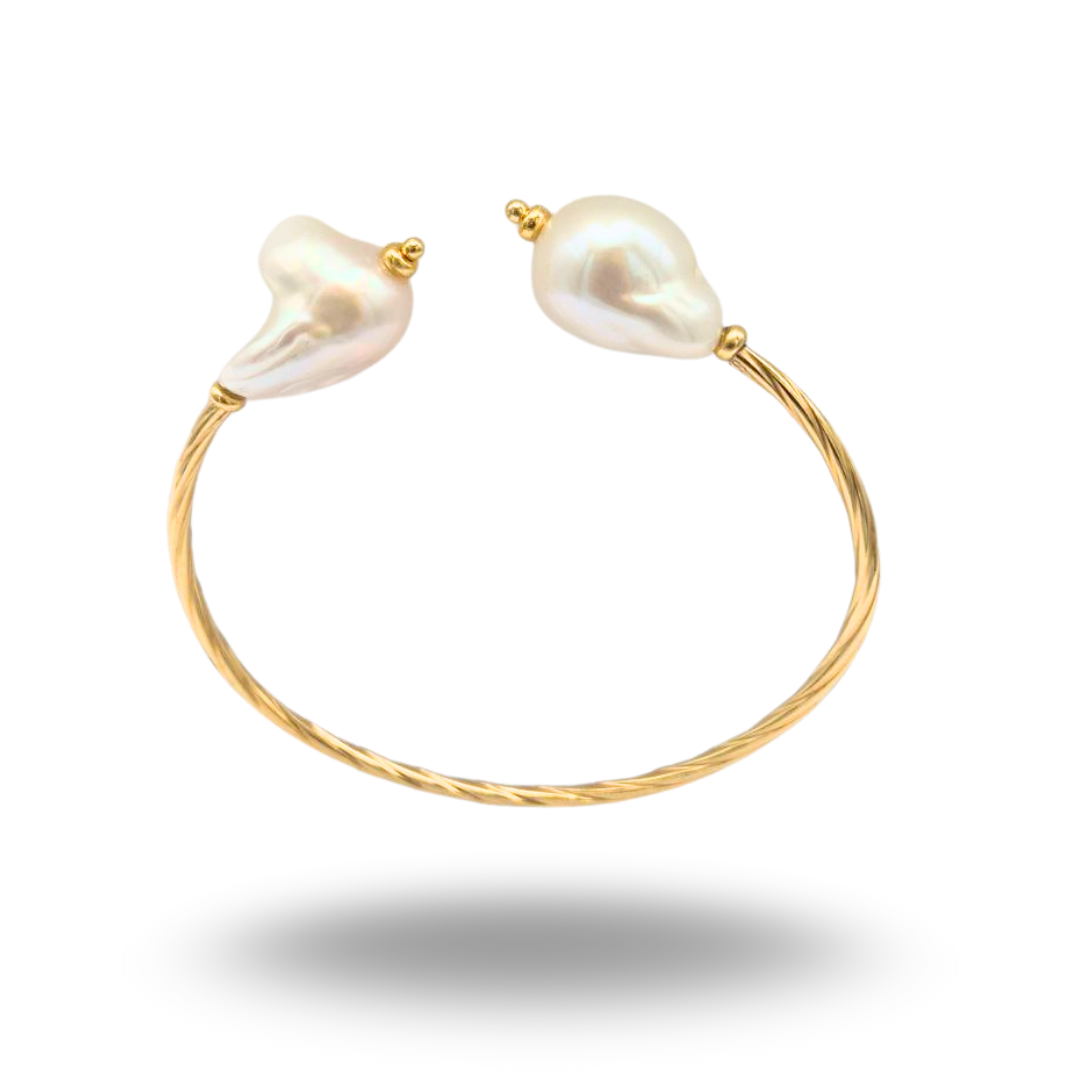Bracciale in Argento dorato semirigido con due Perle Scaramazze, modello open