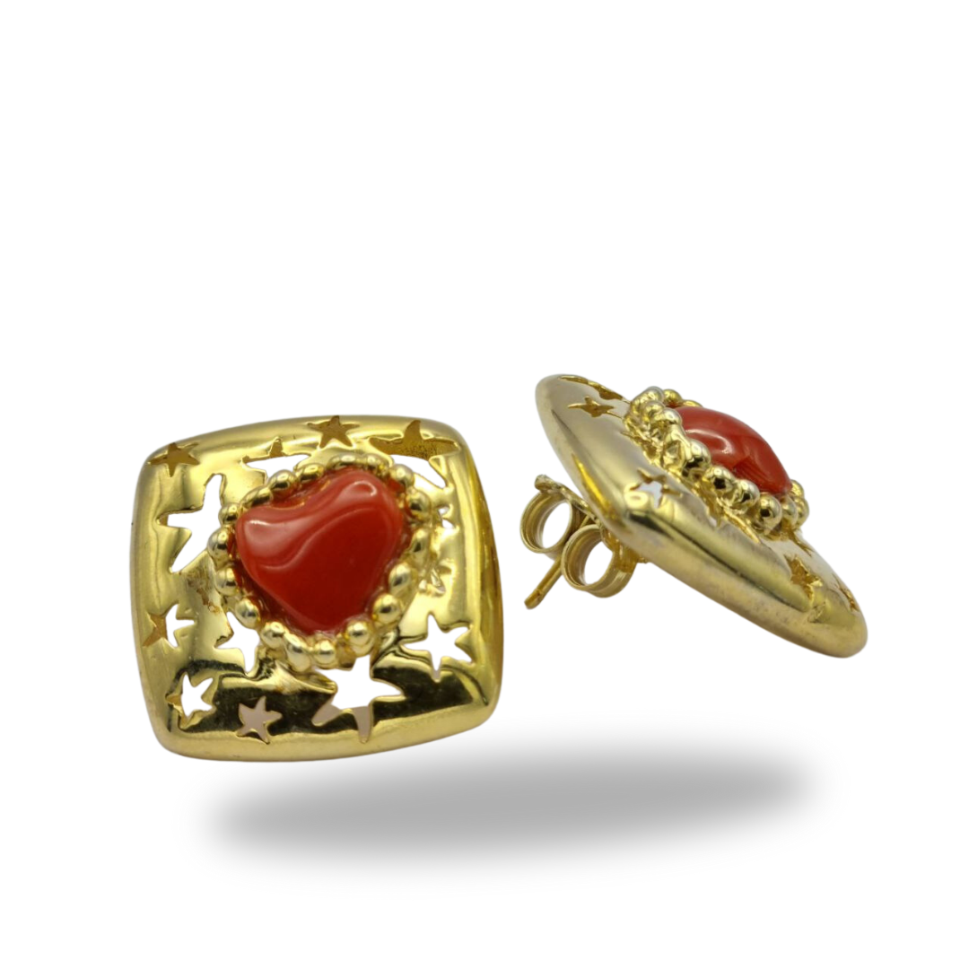 Boucles d'oreilles percées forme étoile en argent plaqué or 925 avec pierres corail