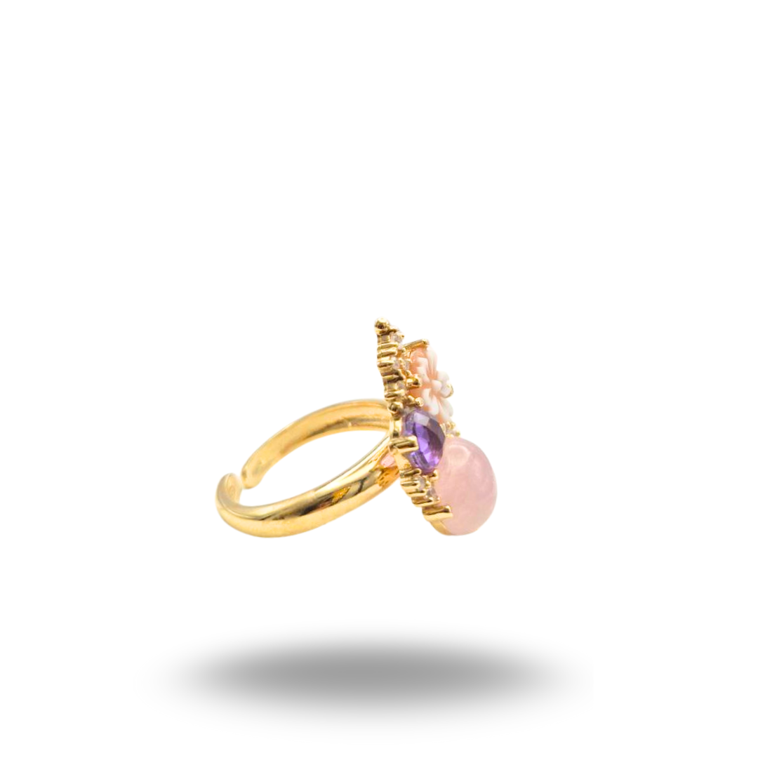 Anello in Argento 925 dorato con Cammeo, Quarzo rosa e Ametista, Modello Vanity