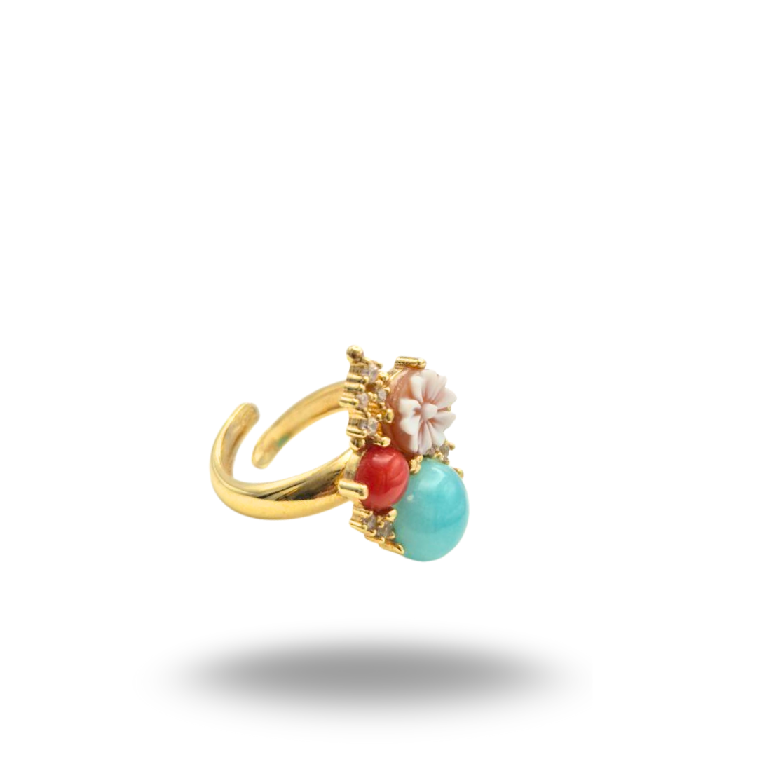 Anello in Argento 925 dorato con Cammeo, Amazzonite e Corallo, Modello Vanity