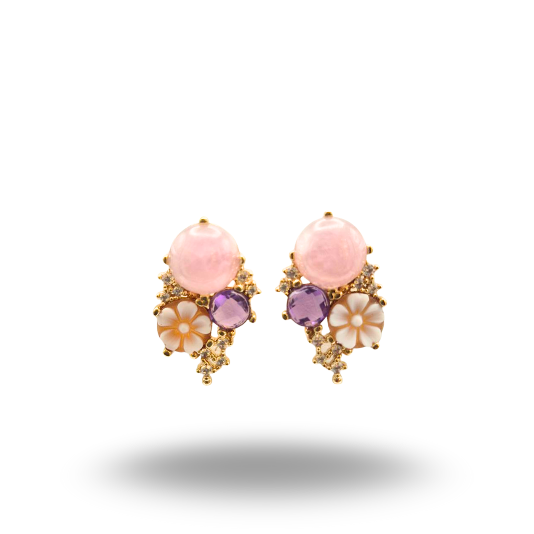 Orecchini in Argento 925 dorato con Cammeo, Quarzo rosa e Ametista, Modello Vanity