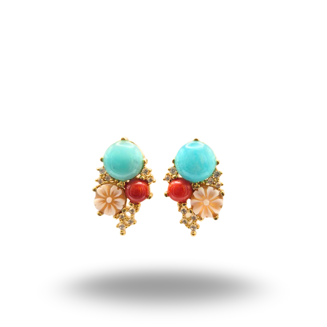 Orecchini in Argento 925 dorato con Cammeo, Amazzonite e Corallo, Modello Vanity