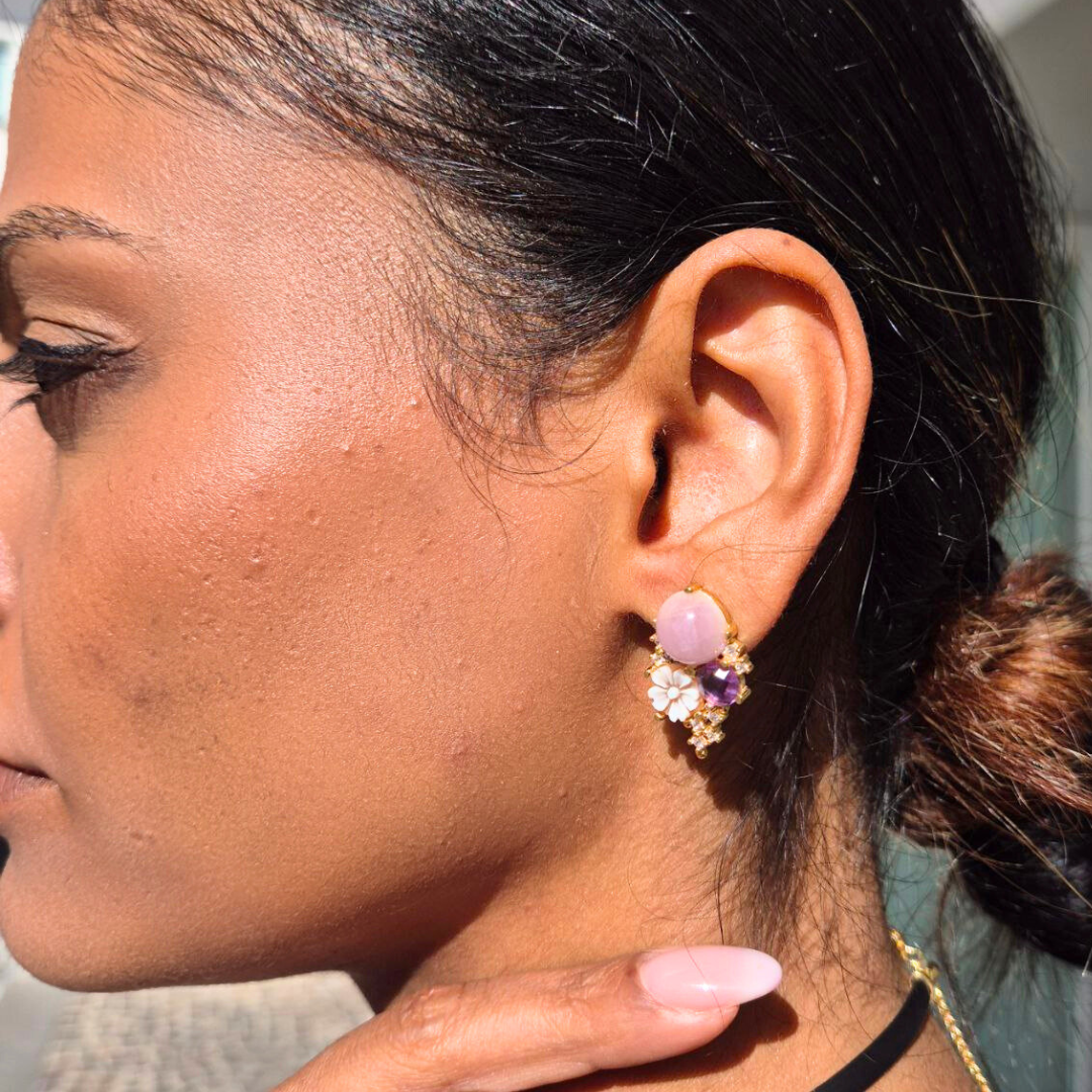 Orecchini in Argento 925 dorato con Ciondolo in Argento 925 dorato con Cammeo a fiore, Giada e Topazio giallo, Modello Vanity