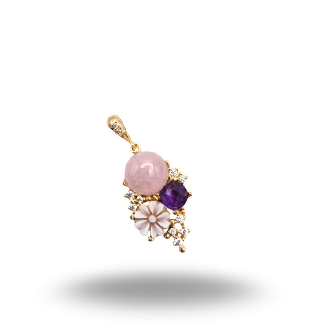 Ciondolo in Argento 925 dorato con Cammeo a fiore, Quarzo rosa e e Ametista, Modello Vanity