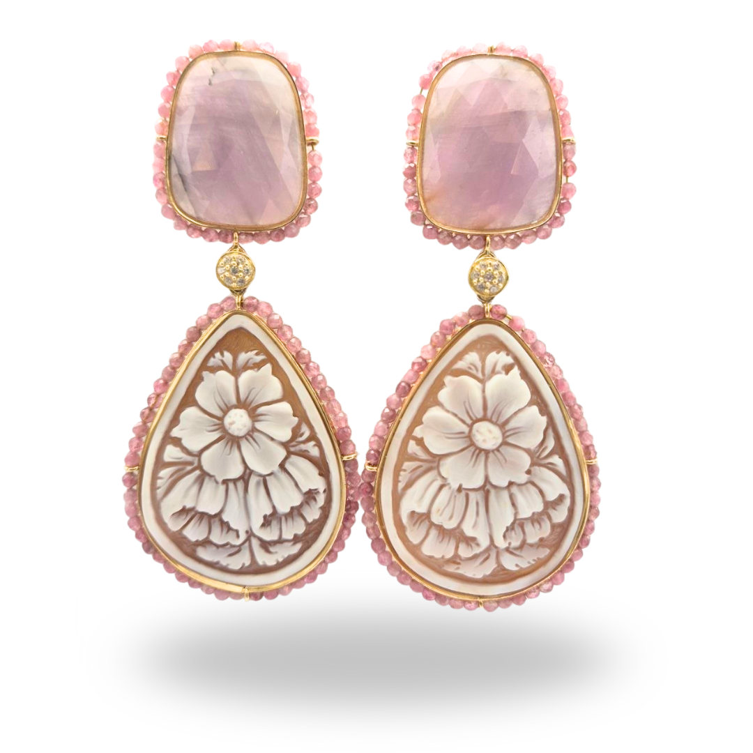 Orecchini in Argento 925 dorato con Cammei su Sardonica, Radice di Zaffiro e giri di Quarzi rosa
