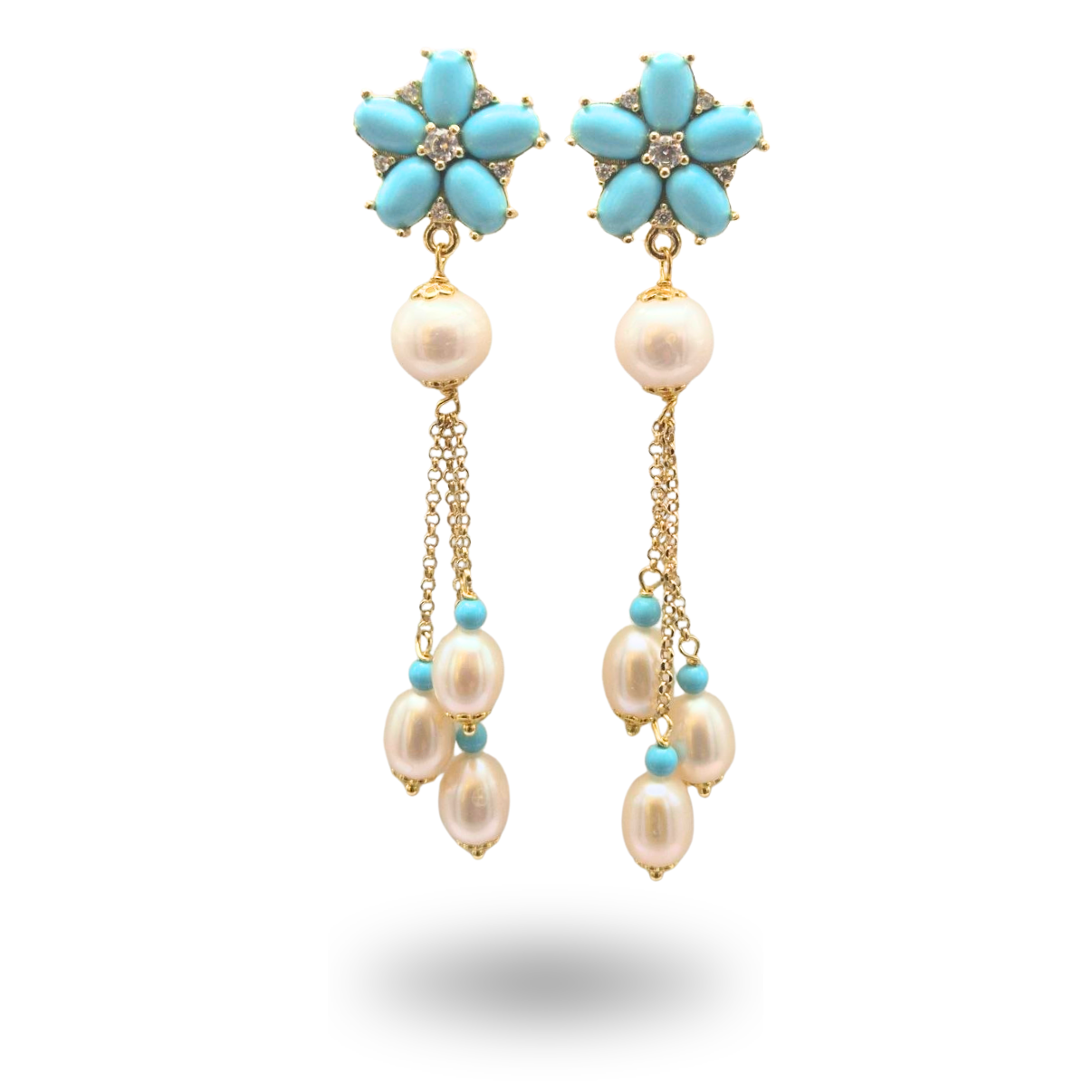 Orecchini in Argento 925 dorato con fiore in Corallo salmonato, Perle e Giada