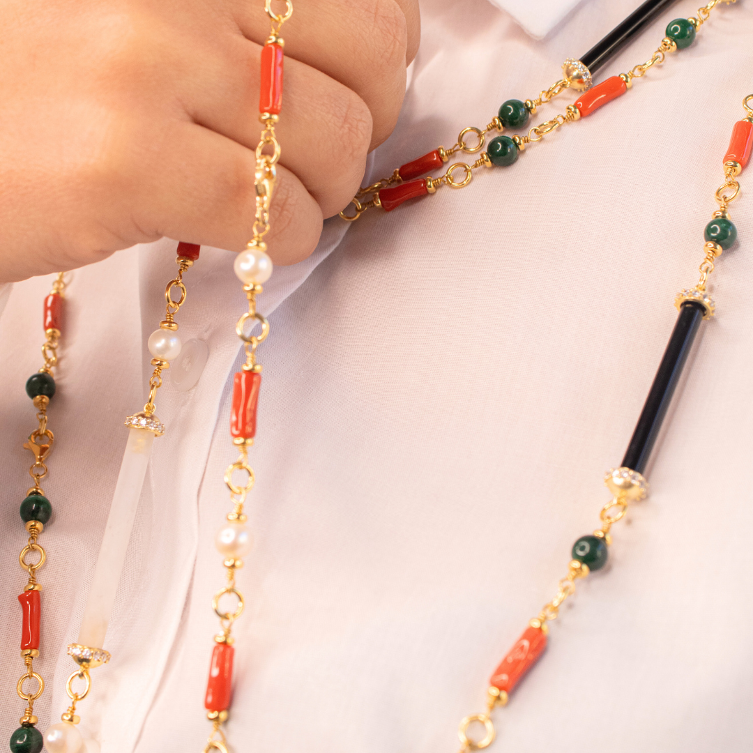 Collana in Argento 925 dorato con Corallo, Malachite e stecche di Onice