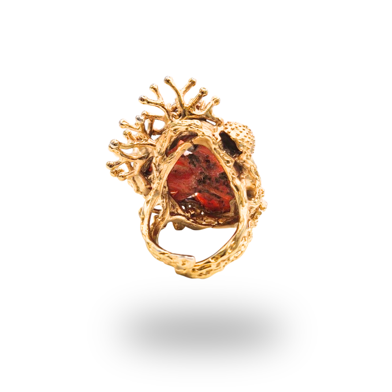 Anello in Bronzo dorato in tema marino con sasso di Corallo rosso Mediterraneo