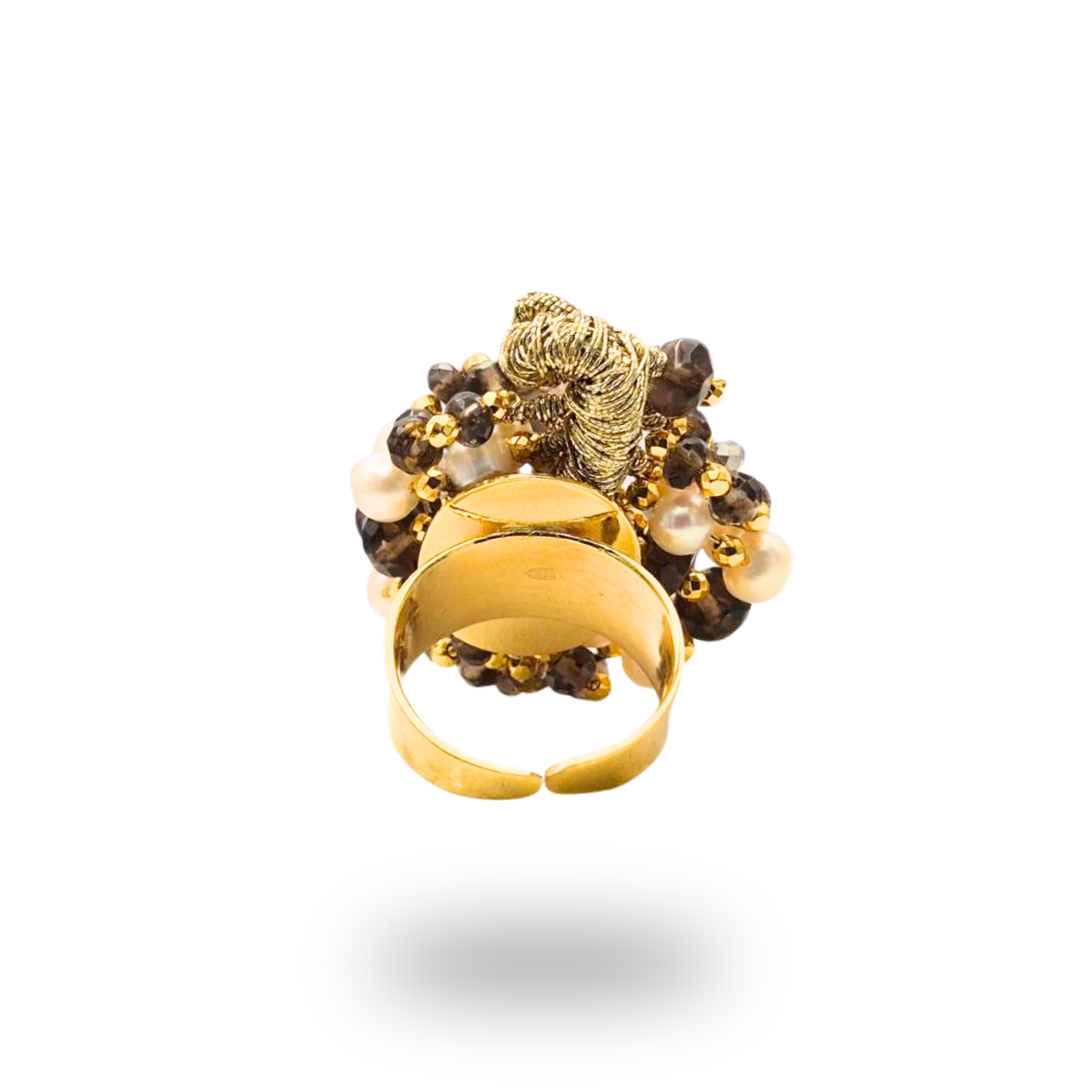 Anello a grappolo in Argento 925 dorato con con Perle e Quarzi fumè. Misura regolabile