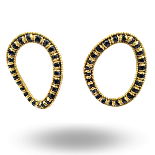 Orecchini Corona in Argento 925 dorato Ovali ondulati con Spinelli neri - Misura Grande