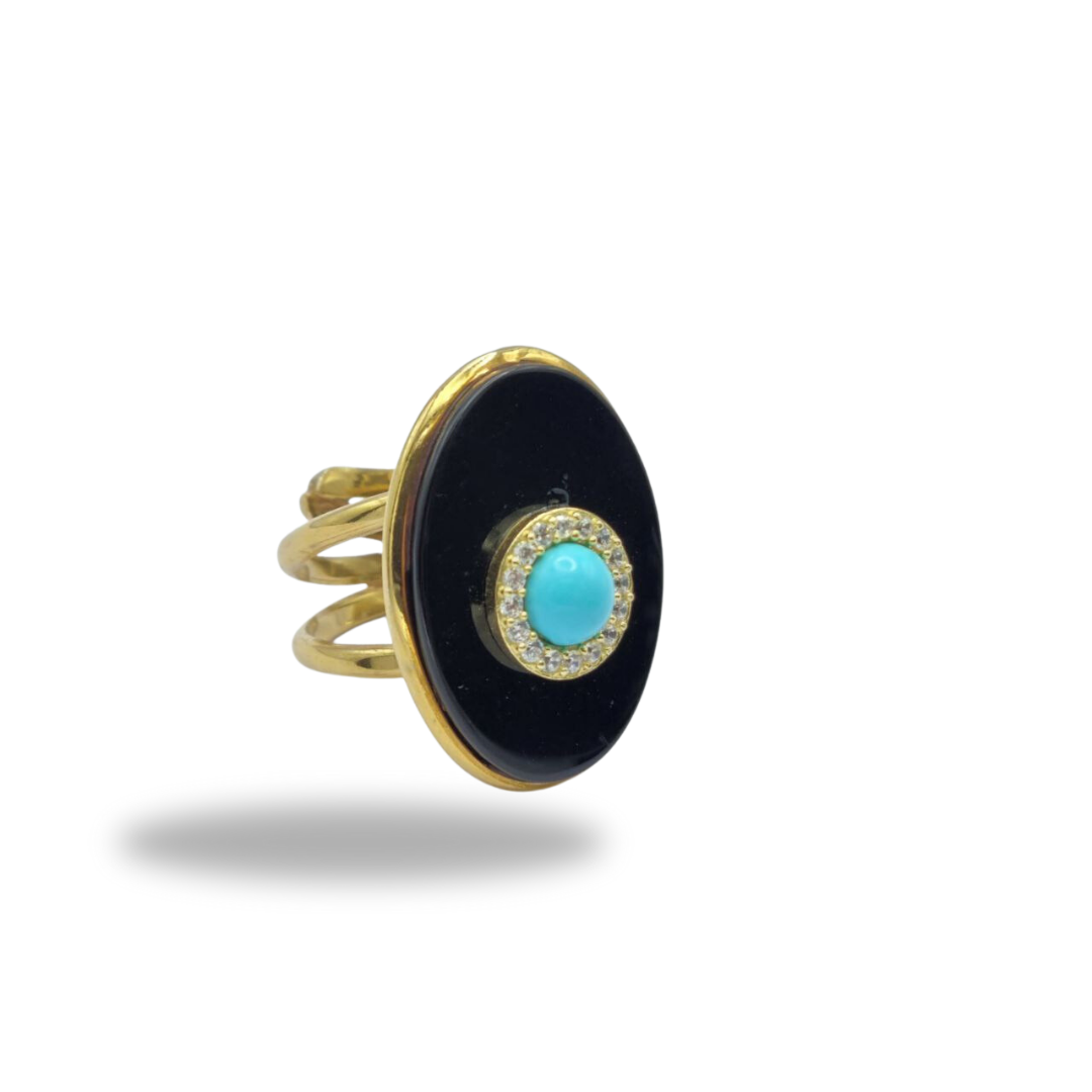 Bague en argent 925 doré avec plaque ovale en onyx et turquoise