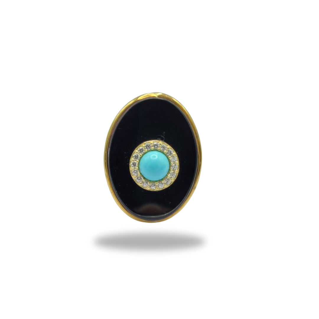 Bague en argent 925 doré avec plaque ovale en onyx et turquoise