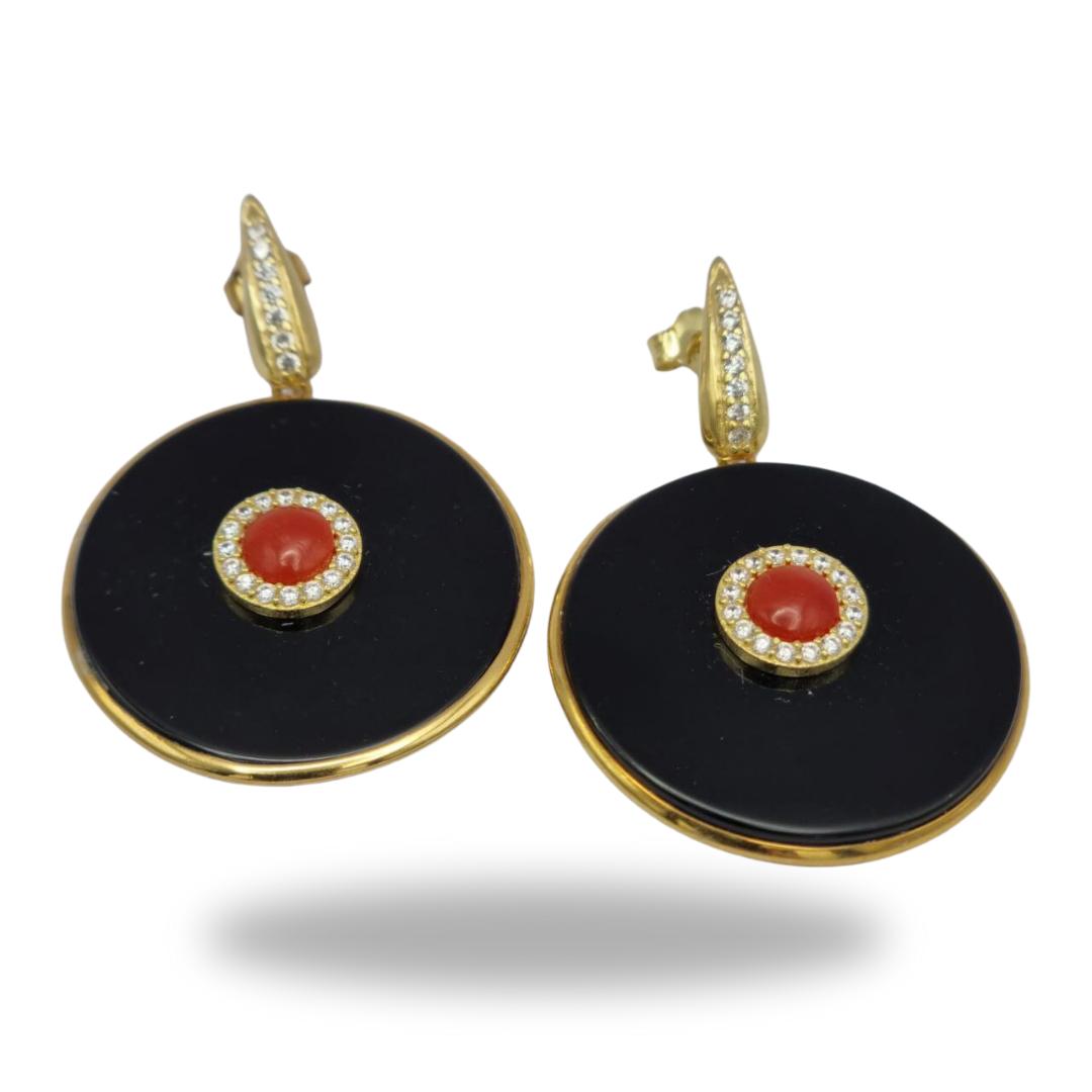 Boucles d'oreilles en argent 925 doré avec plaque ronde en onyx et corail