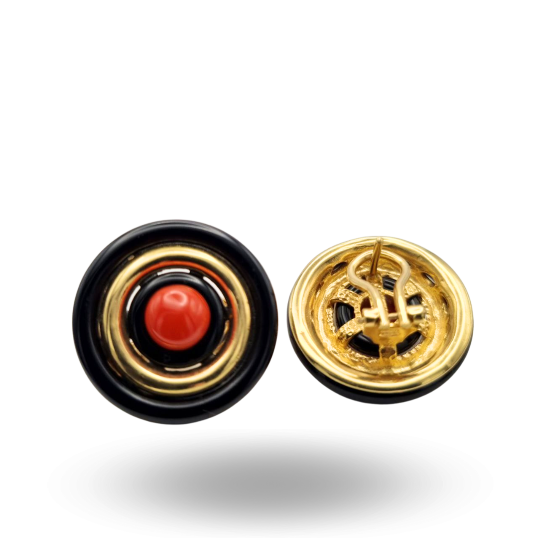 Orecchini in Argento 925 dorato con cerchi in Onice e Corallo rosso Mediterraneo