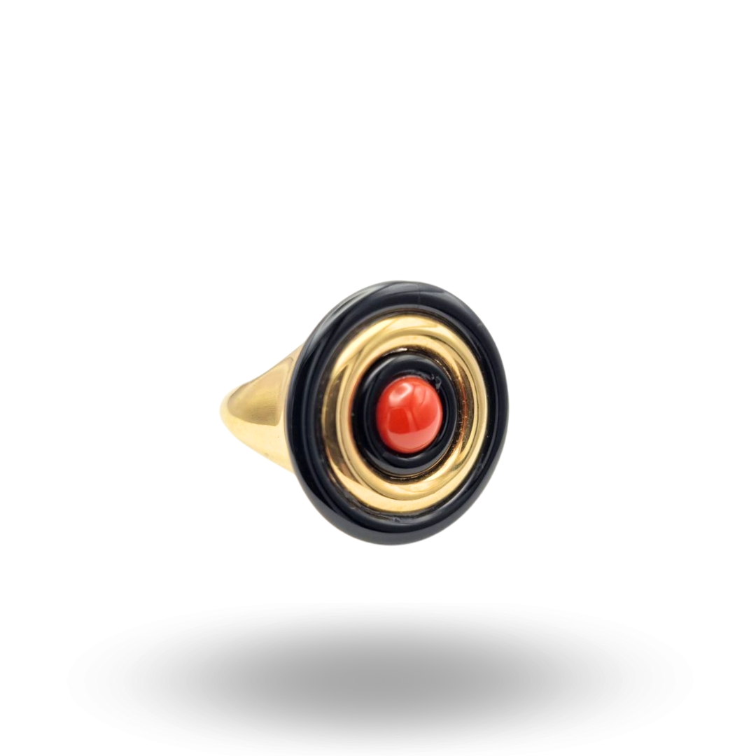 Anello in Argento 925 dorato con cerchi in Onice e Corallo rosso Mediterraneo