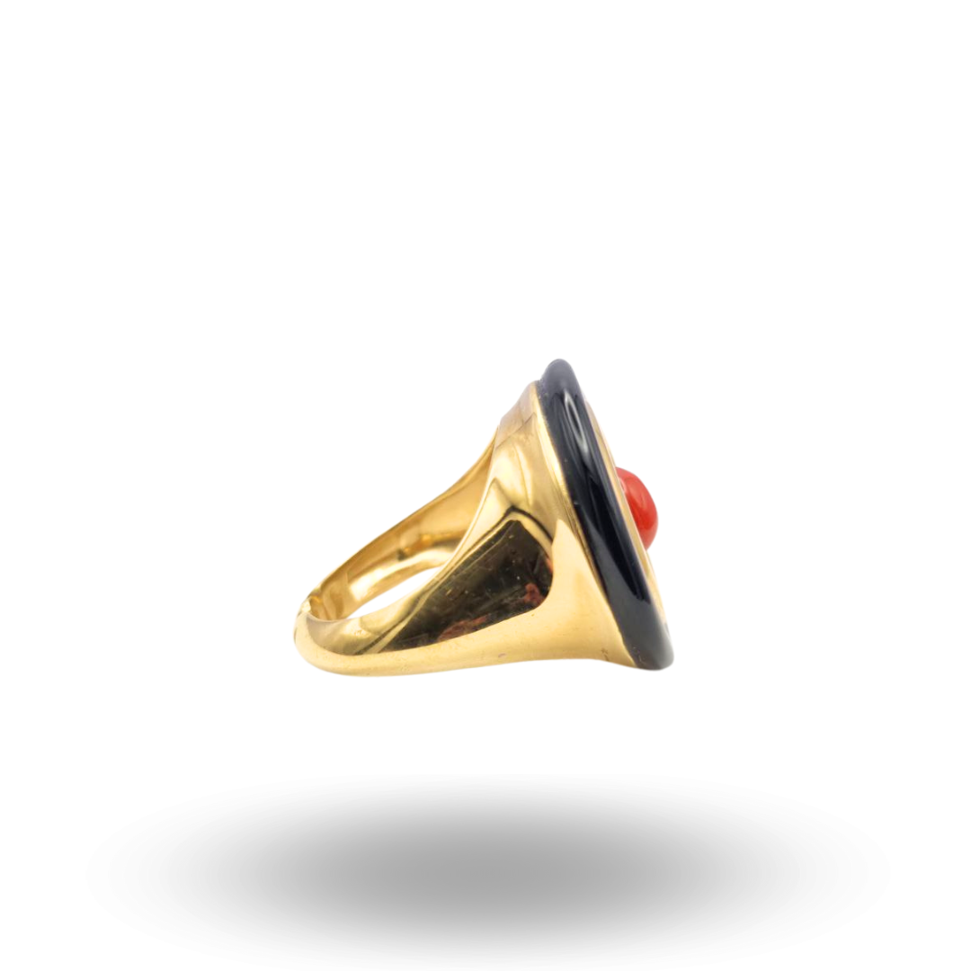 Anello in Argento 925 dorato con cerchi in Onice e Corallo rosso Mediterraneo