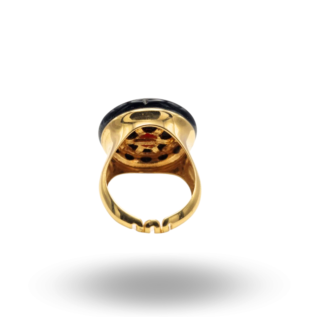 Anello in Argento 925 dorato con cerchi in Onice e Corallo rosso Mediterraneo