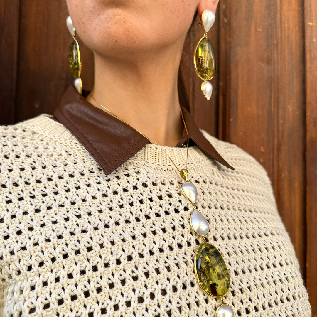 Ciondolo in Argento 925 dorato con Ambra verde e Perle