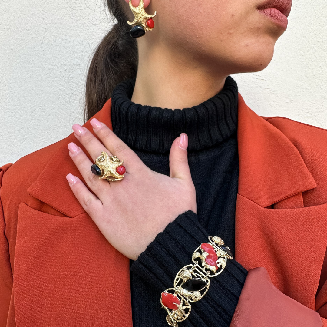 Bracciale in Argento 925 dorato con Onice e Corallo - Tema marino