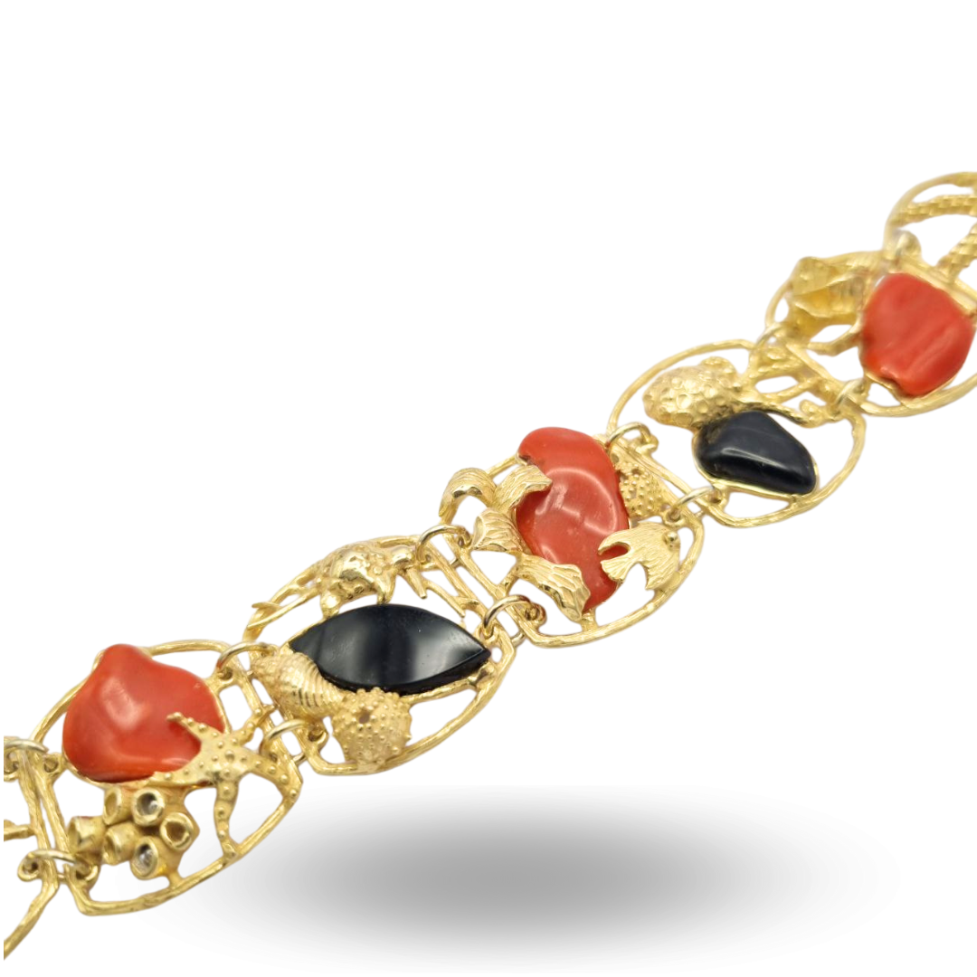 Bracciale in Argento 925 dorato con Onice e Corallo - Tema marino