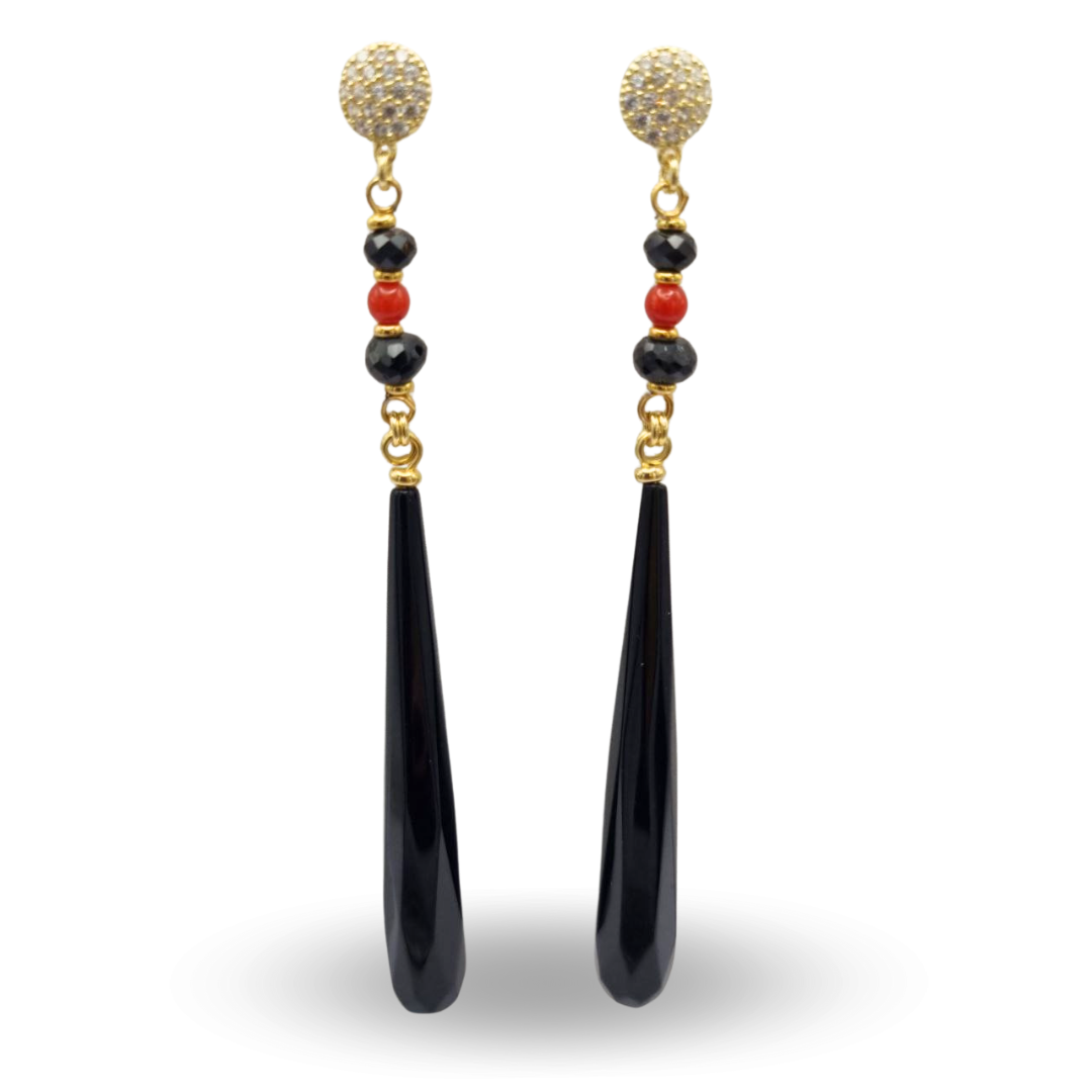 Orecchini in Argento 925 dorato con goccia in Onice e Corallo rosso