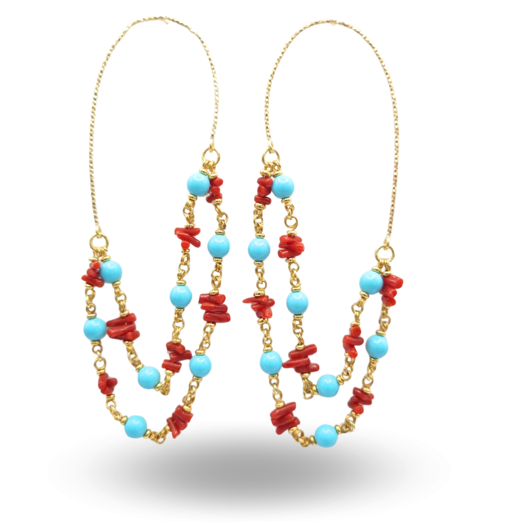Orecchini in Argento 925 dorato con arco e due catene con Corallo rosso e Pasta di Turchese