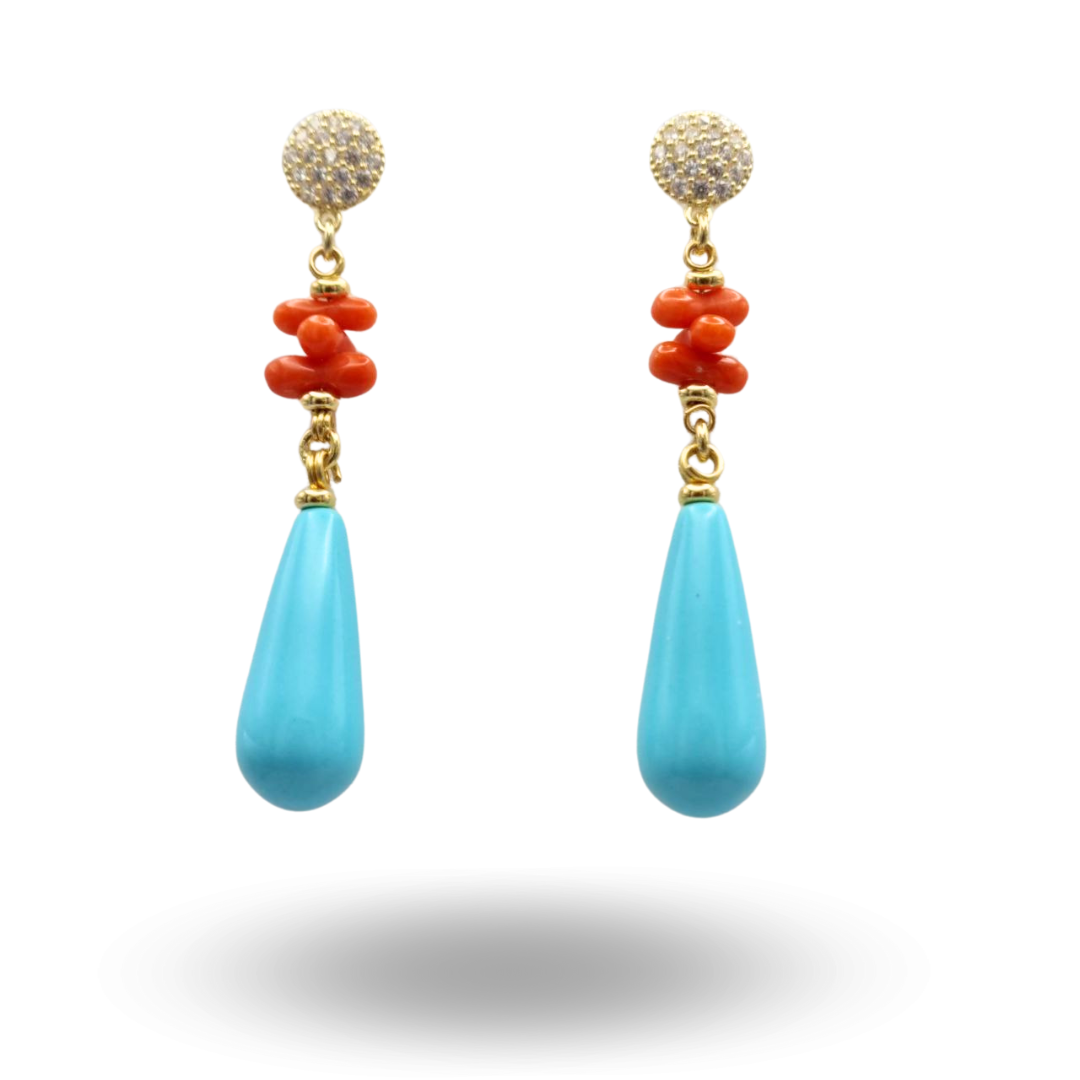 Orecchini in Argento 925 dorato con goccia in Pasta di Turchese e frange di Corallo rosso
