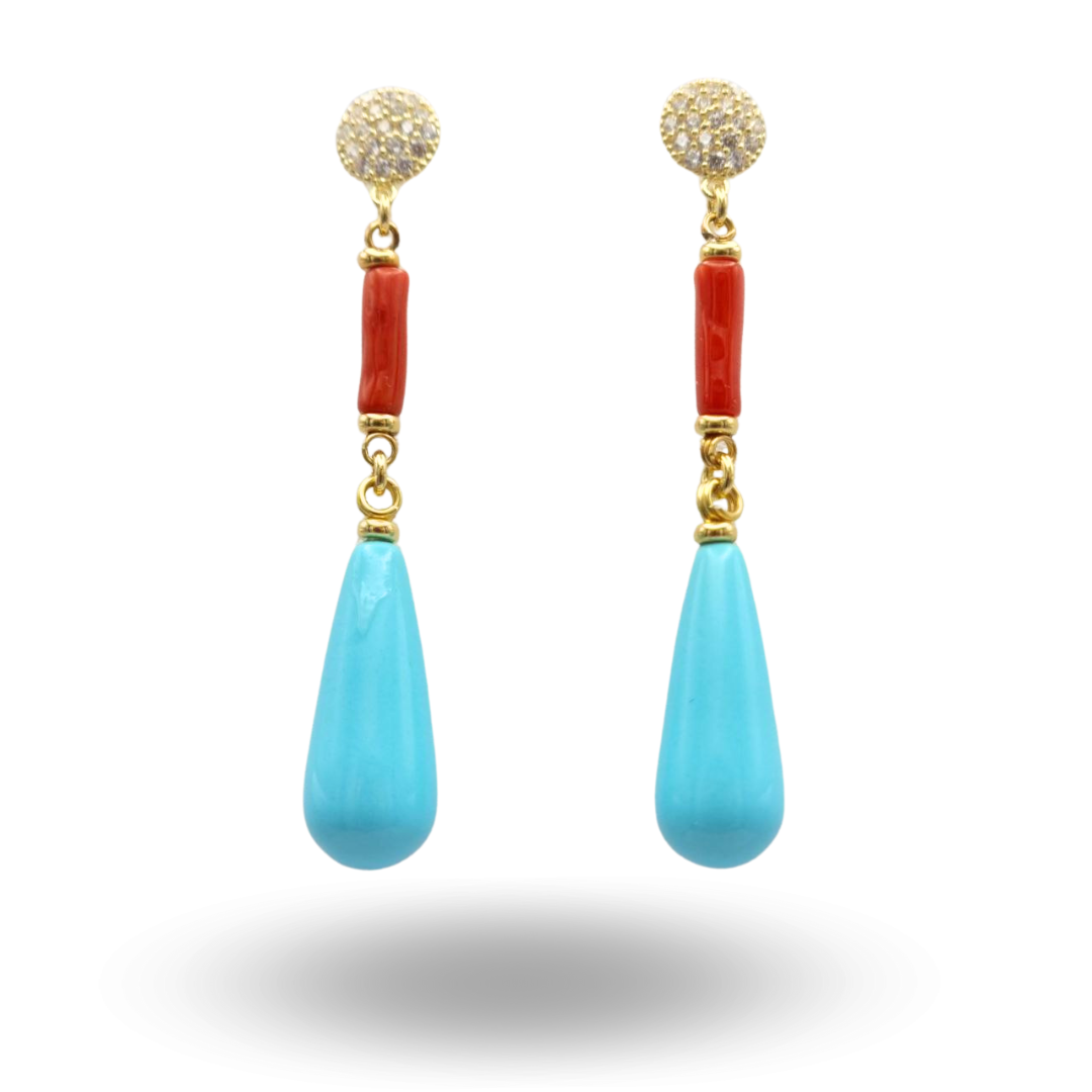 Orecchini in Argento 925 dorato con goccia in Pasta di Turchese e canette di Corallo rosso