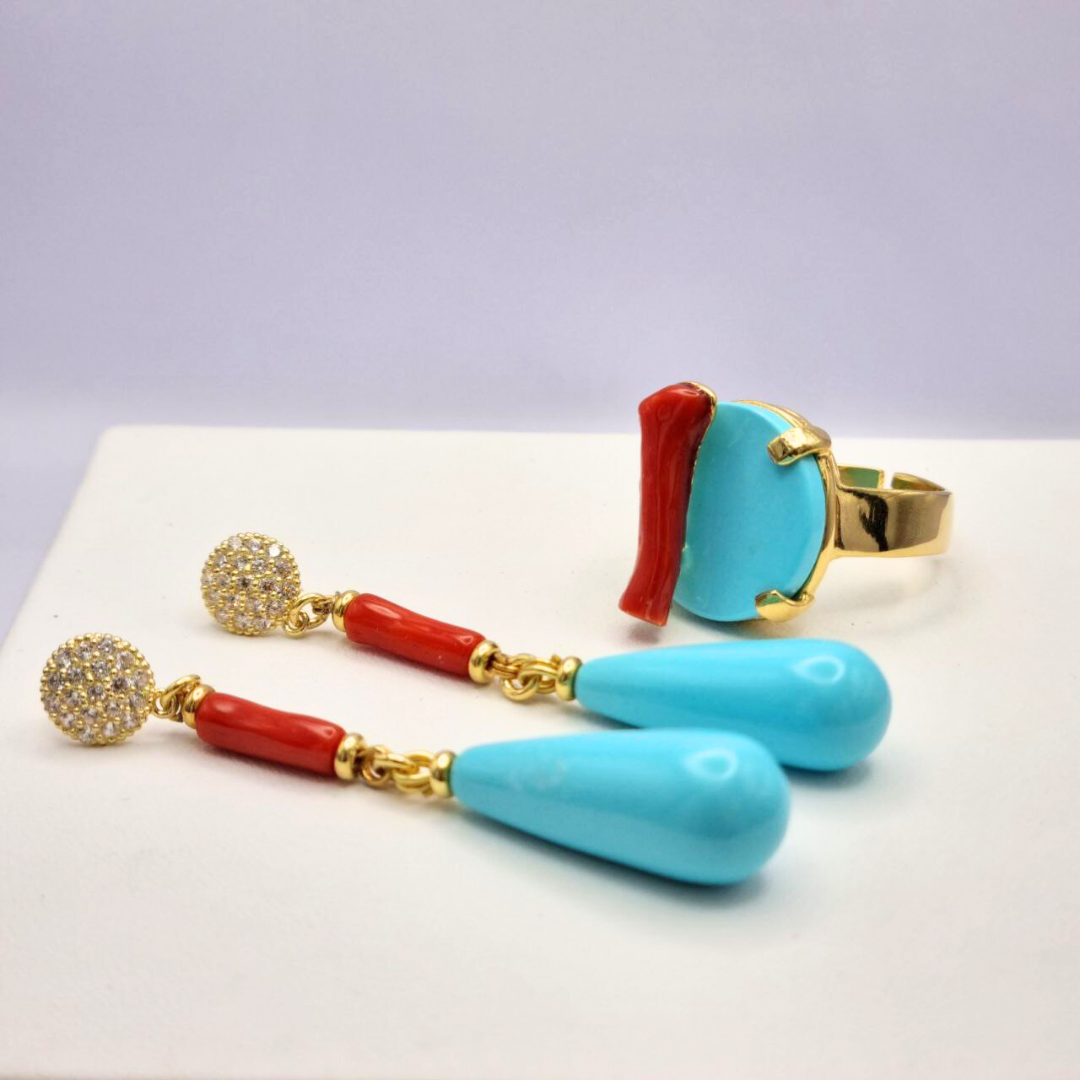 Orecchini in Argento 925 dorato con goccia in Pasta di Turchese e canette di Corallo rosso