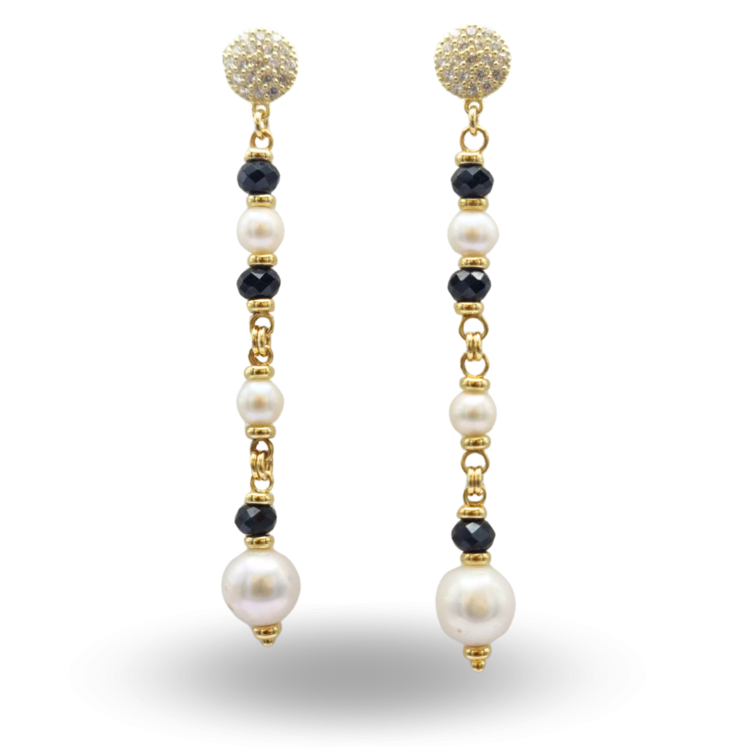 Orecchini in Argento 925 dorato pendenti con Perle e Spinelli neri