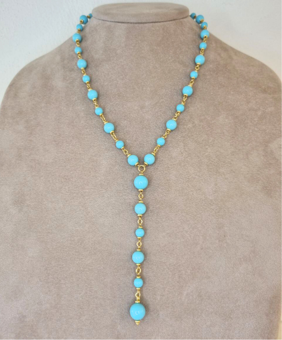 Collana in Argento 925 dorato a cravatta con pallini in pasta di Turchese in 3 misure