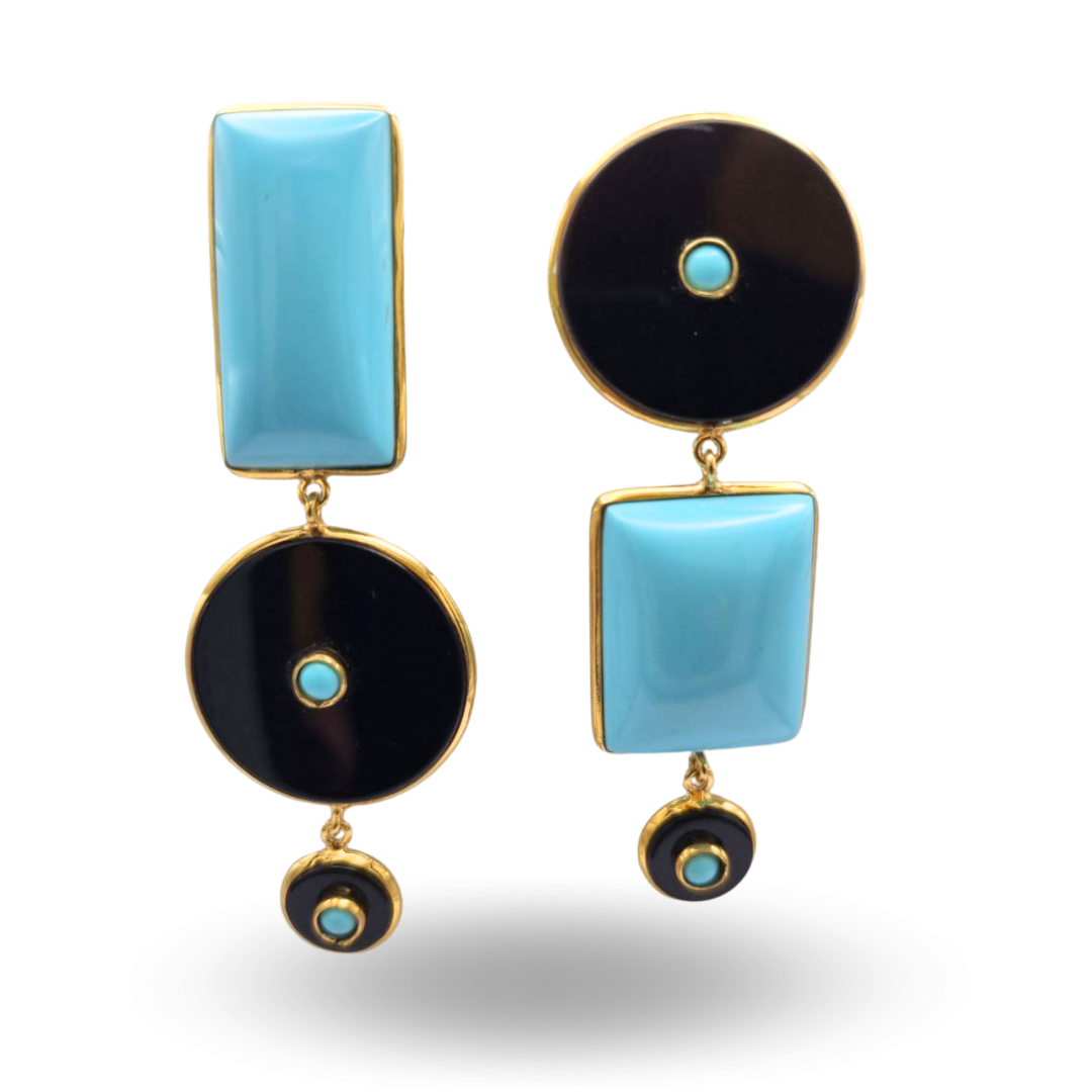 Orecchini in Argento 925 dorato asimmetrici con Piastra tonda in Onice grande e piccola e spola rettangolare in Pasta di Turchese