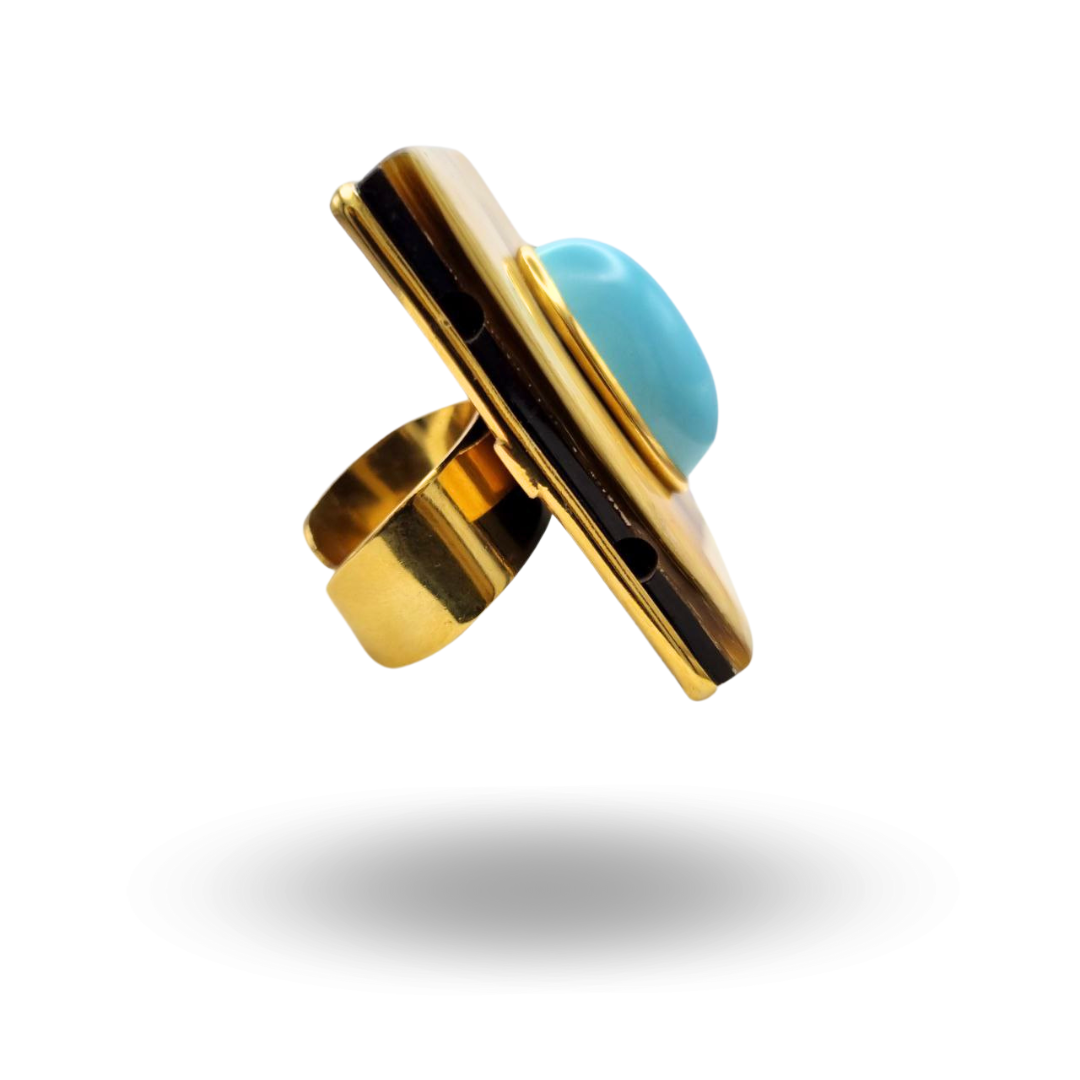 Anello in Argento 925 dorato con piastra rettangolare in Corno e spola ovale in Pasta di Turchese