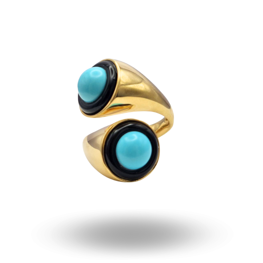 Anello contrariè in Argento 925 dorato effetto abbraccio con sfere di pasta di Turchese e cerchi in onice
