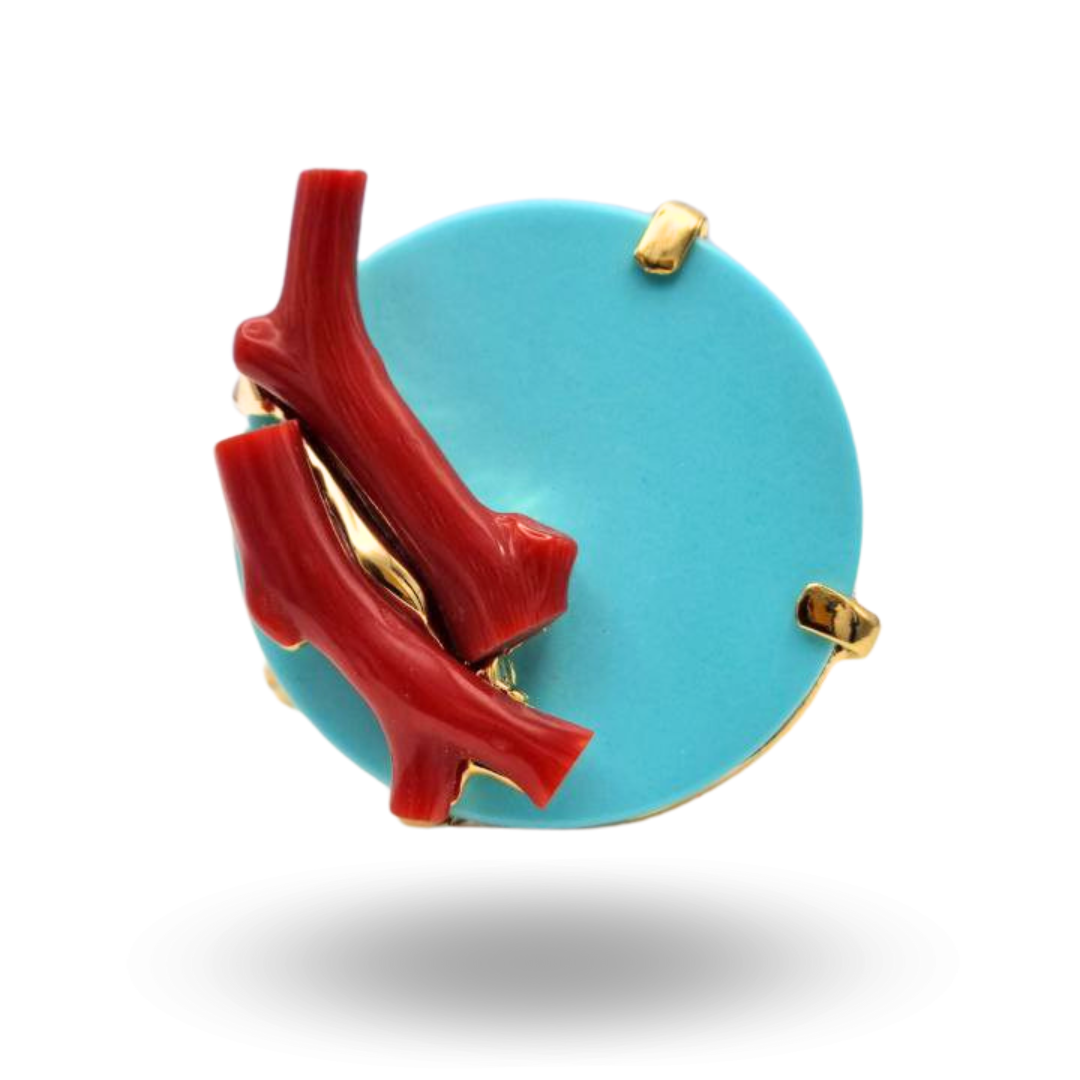 Anello in Argento 925 dorato con piastra in Pasta di Turchese e due rametti di Corallo Rosso Mediterraneo
