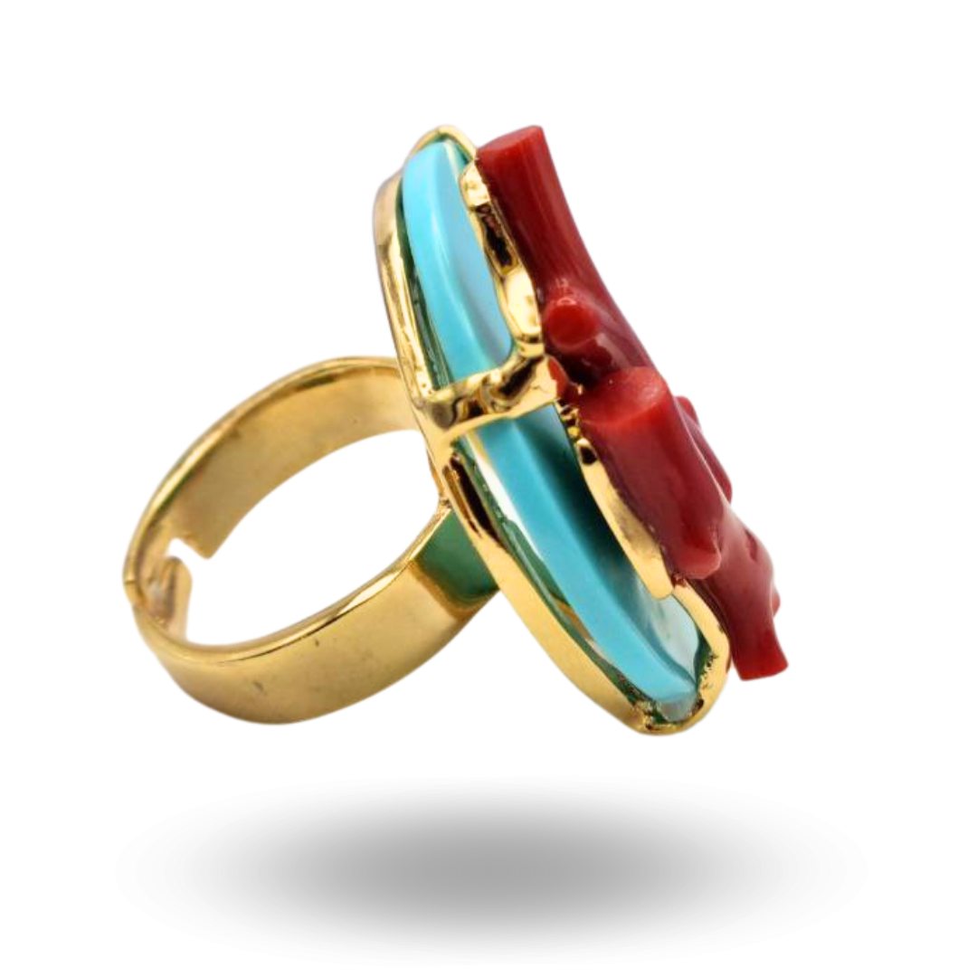 Anello in Argento 925 dorato con piastra in Pasta di Turchese e due rametti di Corallo Rosso Mediterraneo