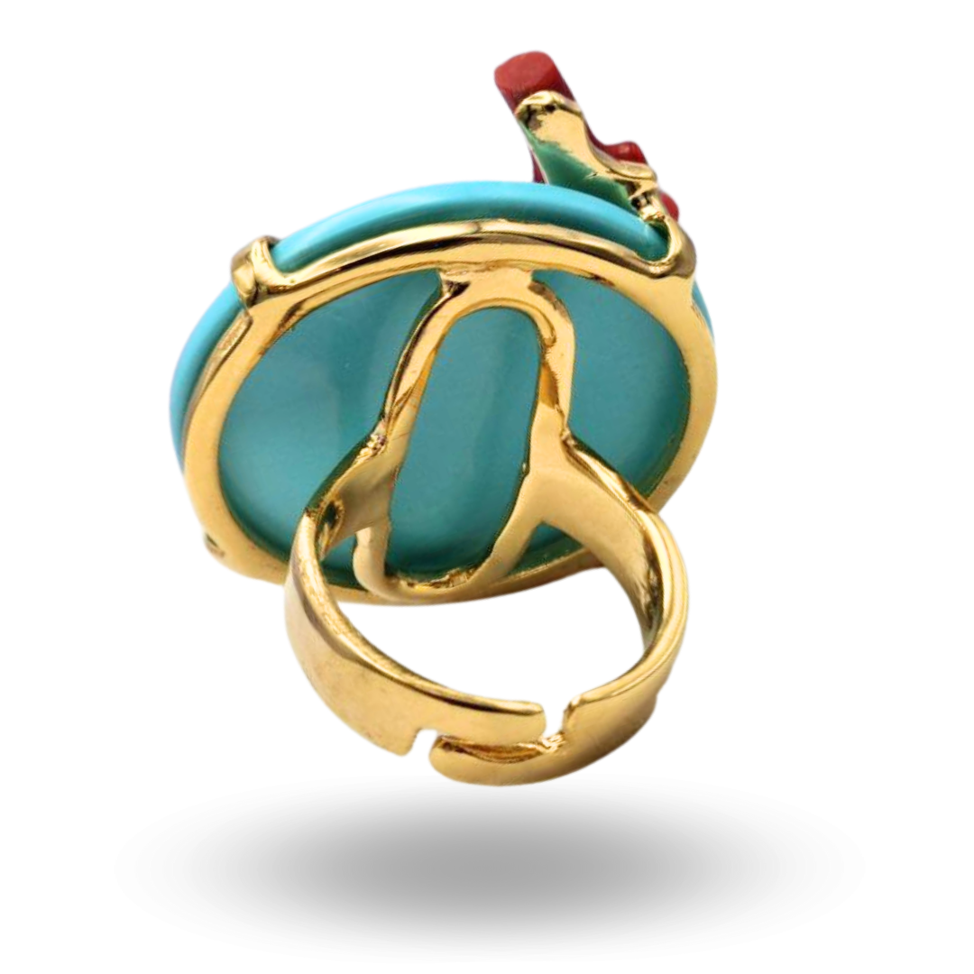 Anello in Argento 925 dorato con piastra in Pasta di Turchese e due rametti di Corallo Rosso Mediterraneo