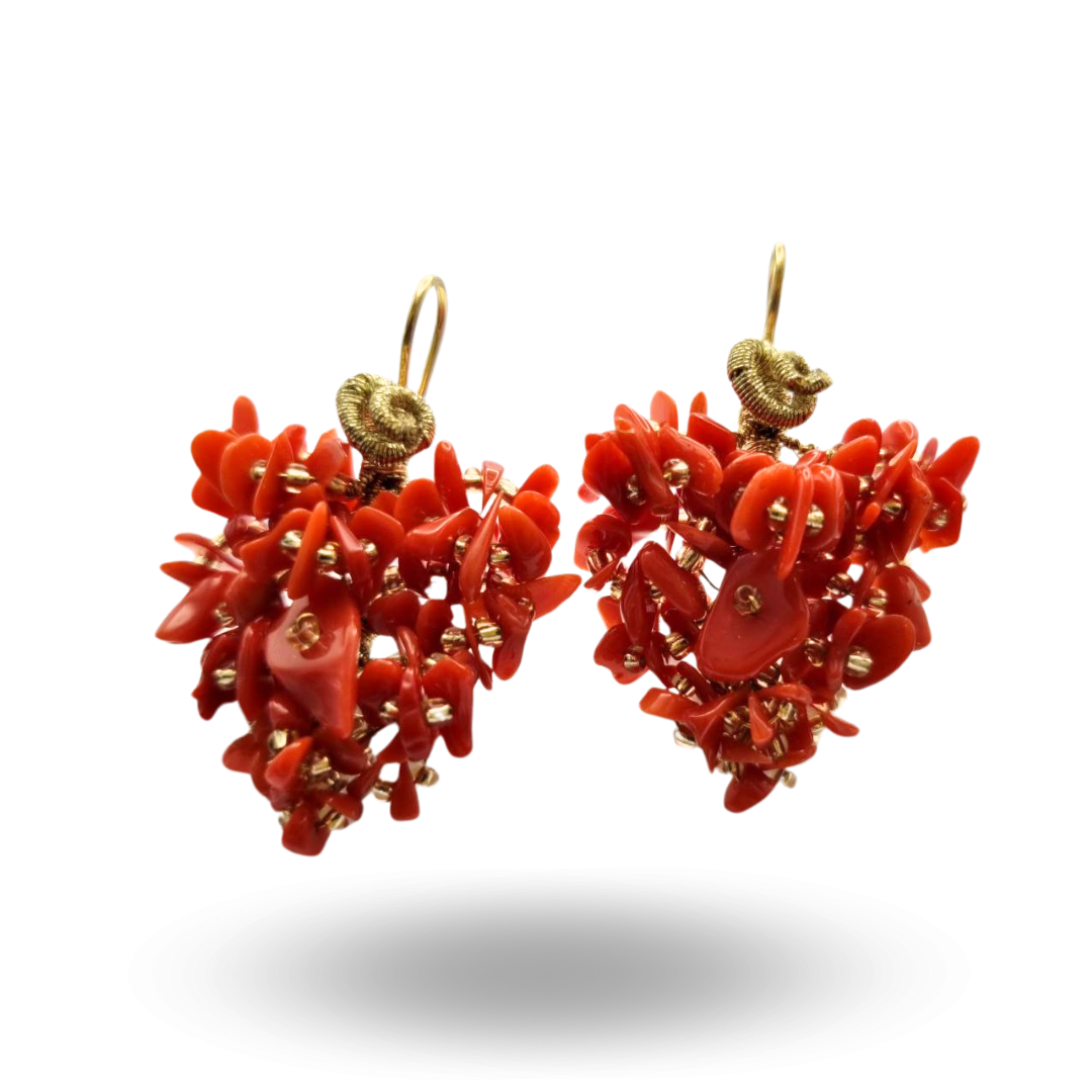 Orecchini a grappolo in Argento 925 dorato con Corallo rosso Mediterraneo