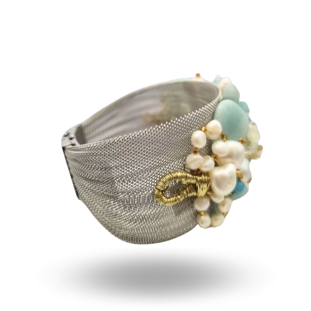 Bracciale a grappolo con maglia a rete in Acciaio silver con Perle, Quarzi azzurri e Pietre naturali - Variante Silver