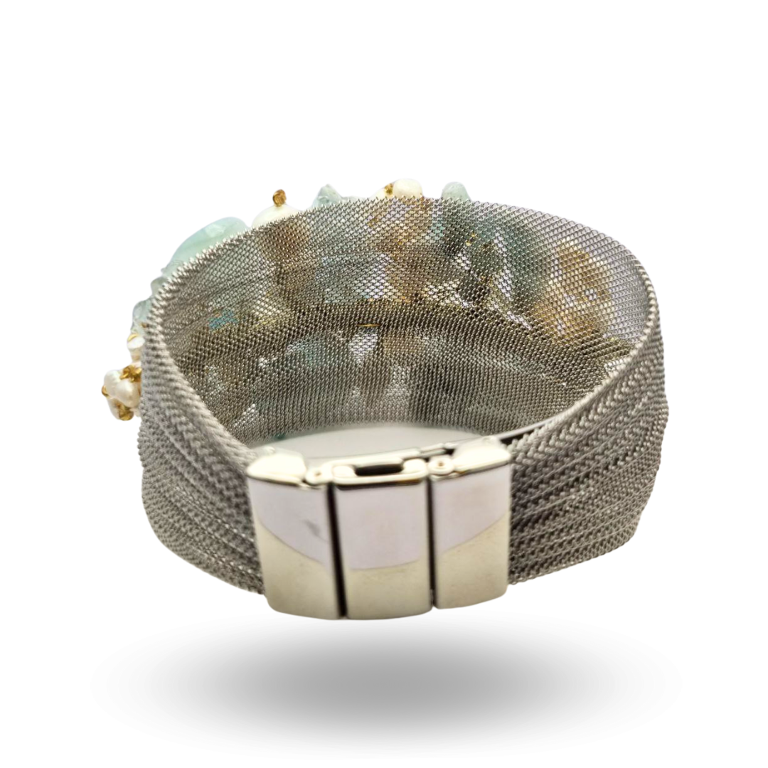 Bracciale a grappolo con maglia a rete in Acciaio silver con Perle, Quarzi azzurri e Pietre naturali - Variante Silver